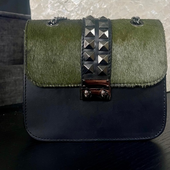 Leather Crossbody Bag – Green & Black with Studs - Picture 1 of 4